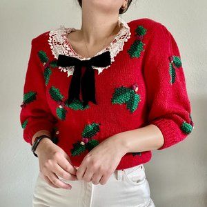 SOLD- RARE Vintage Marisa Christina Christmas Sweater Holly Design Shoulder Pads
